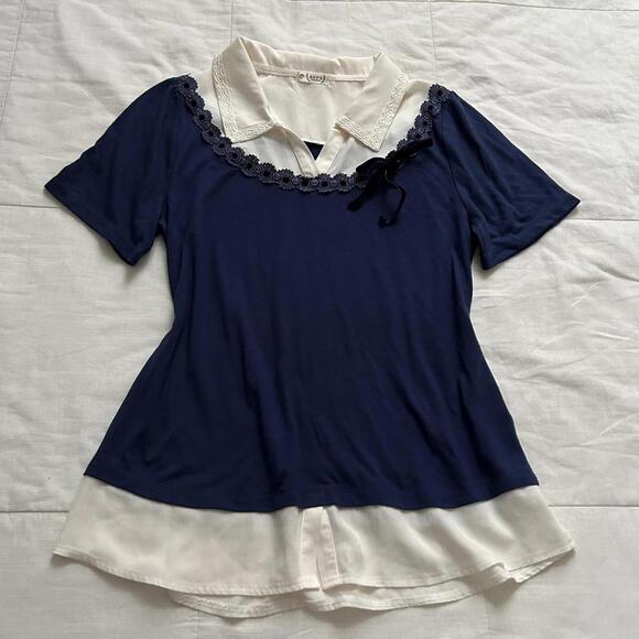 Axes Femme navy and white prestyled layered look tee - Picture 1 of 7